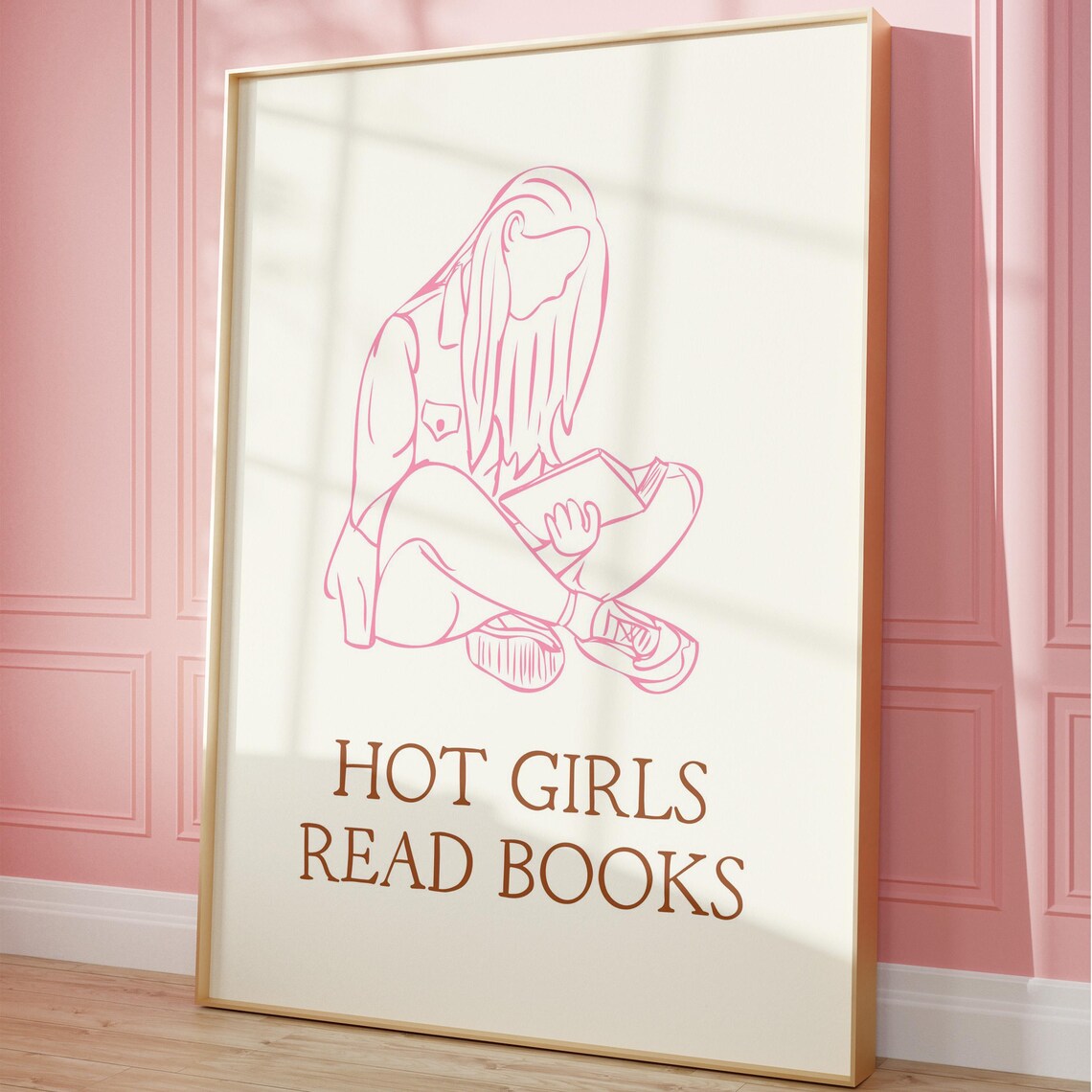 Hot Girls Read Books Pink Line Art Poster for Bookish Readers