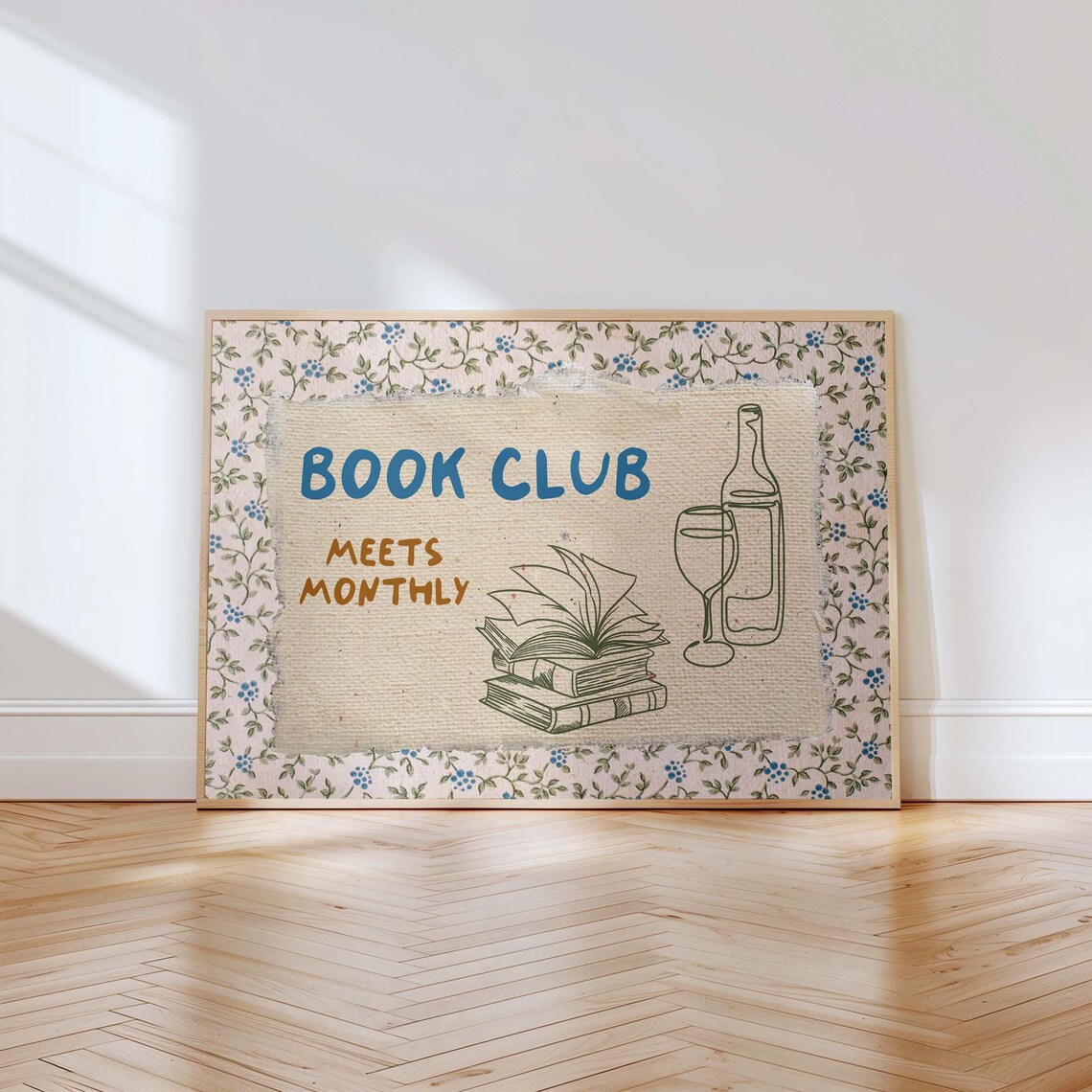 Book Club Meets Monthly Beige Linen Floral Border Reader Art Print - Image 4