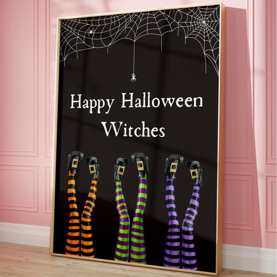 Happy Halloween Witches Legs with Striped Stockings Spiderweb Poster