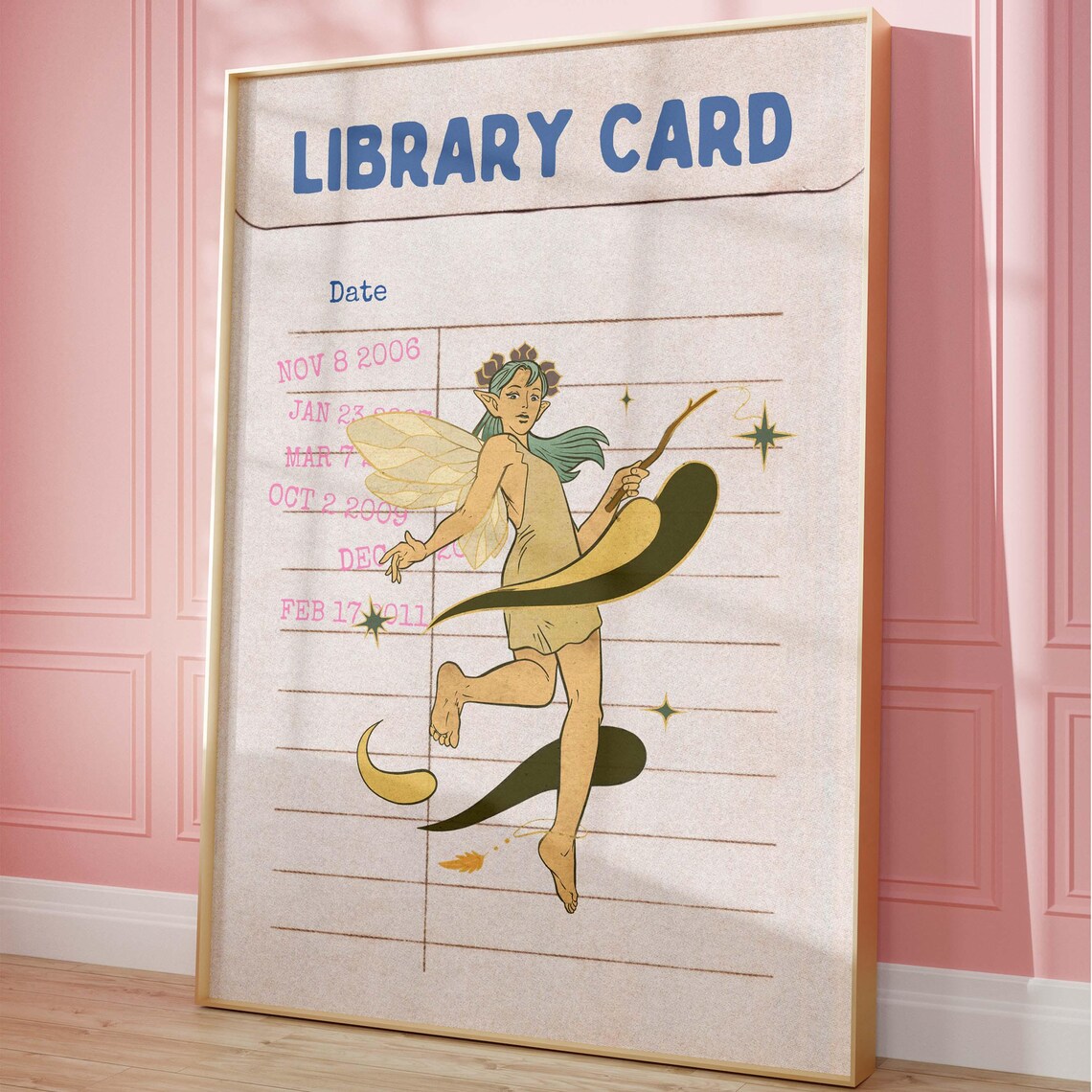 Fairy Art Print, Retro Library Card Poster