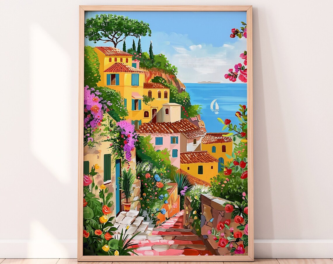 Sicily Italy Coastal Village Flower Lane Mediterranean Art Print