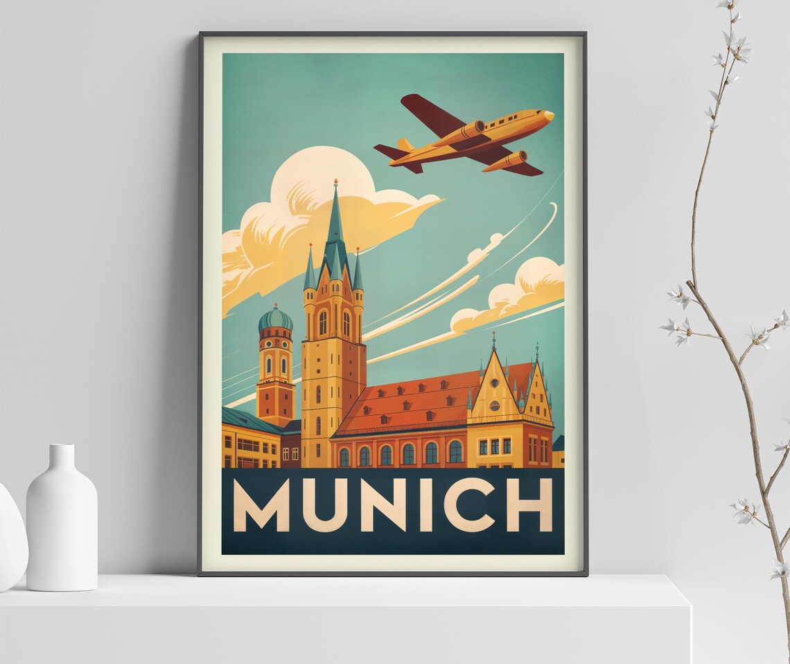 Munich Germany Church Towers Airplane Retro Sky Travel Poster