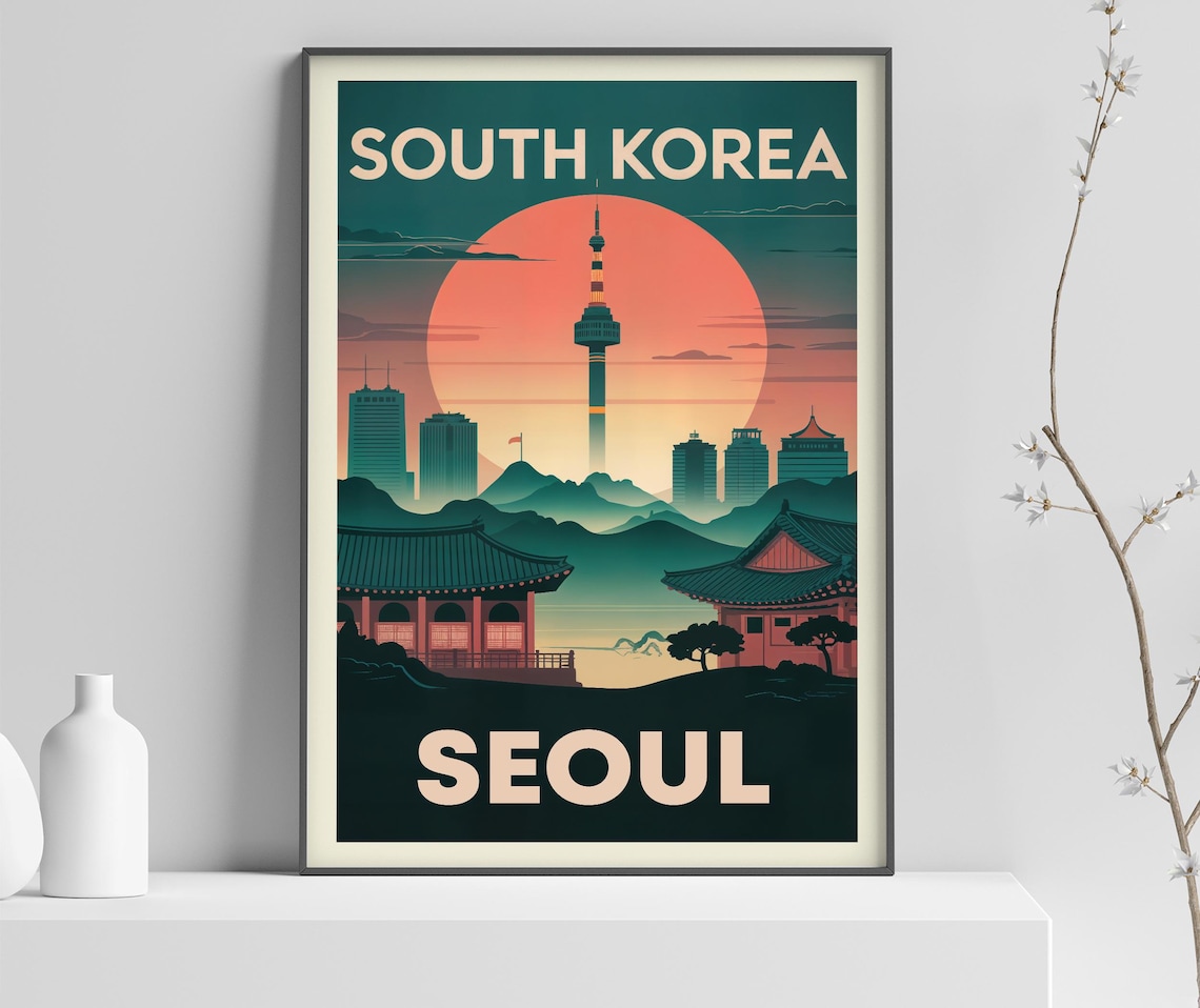 South Korea Seoul N Tower Green Sunset Vintage Travel Poster