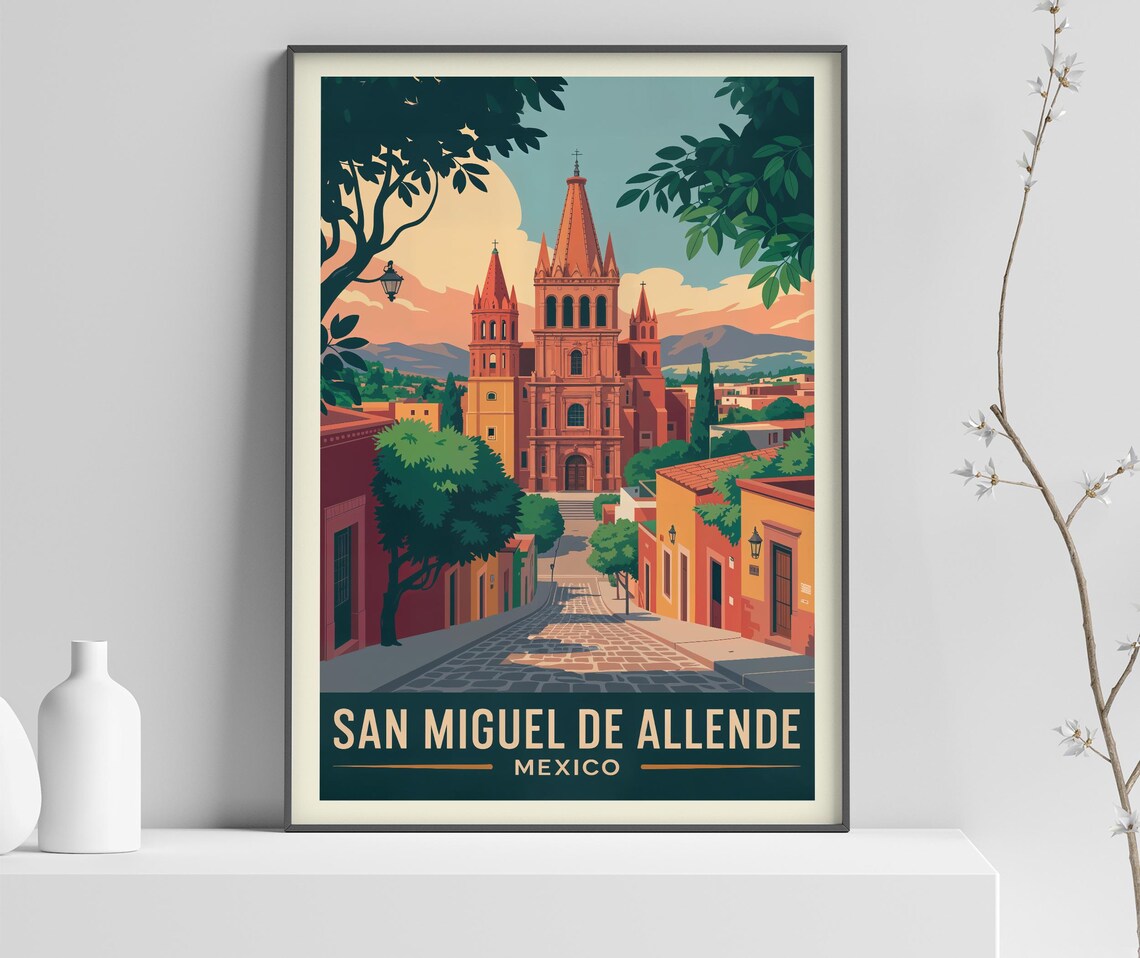 San Miguel De Allende Pink Cathedral Cobblestone Road Poster