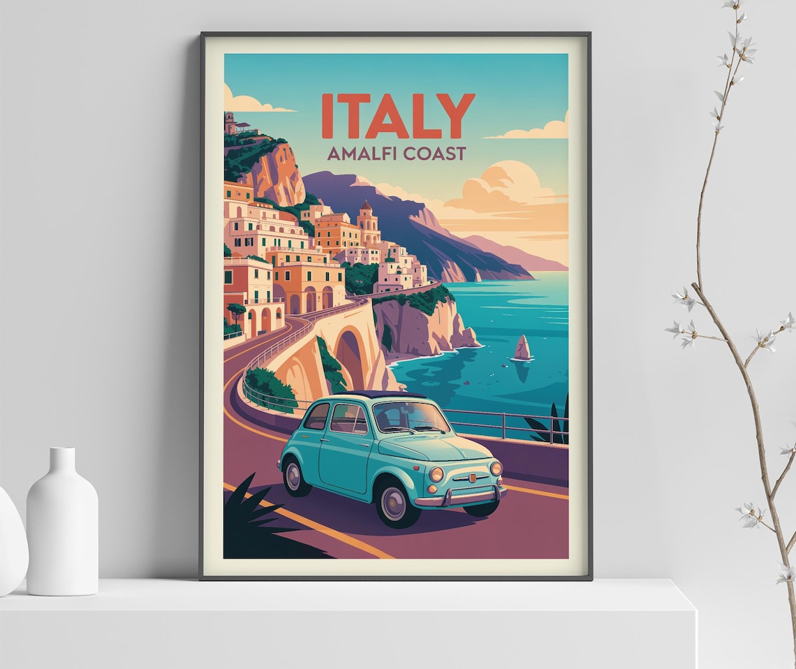Italy Amalfi Coast Turquoise Vintage Fiat 500 Coastal Road Poster