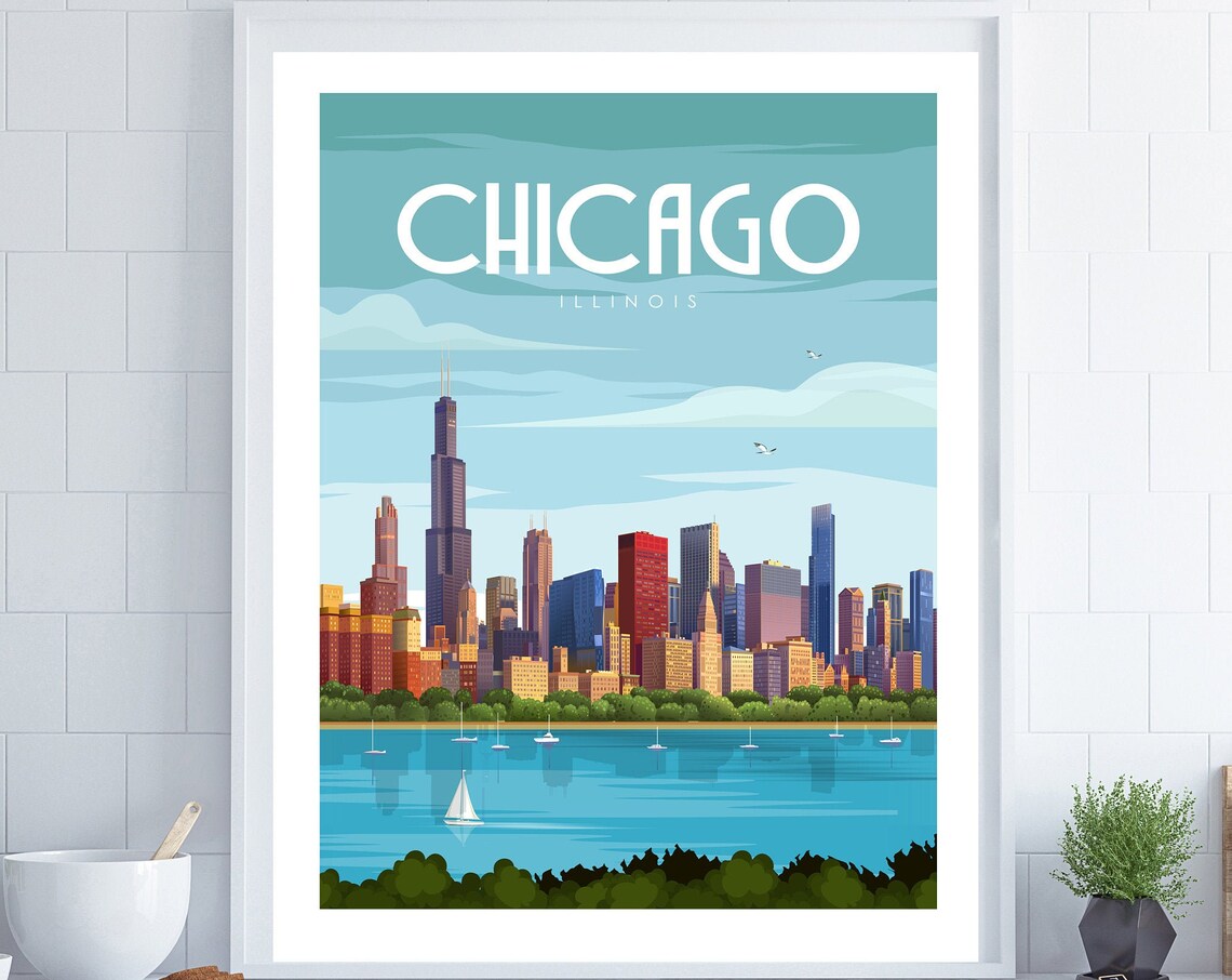Chicago Travel Poster, Retro Wall Art Print
