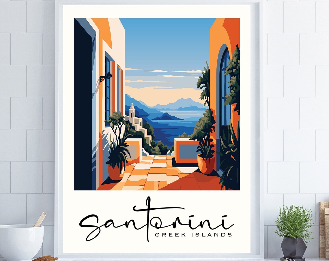 Santorini Greek Islands Orange Terrace Sea View Travel Poster