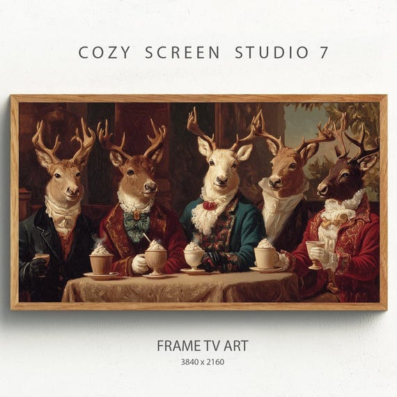 Reindeer Drinking Hot Chocolate Frame Tv Art Funny Christmas Painting Wallpaper