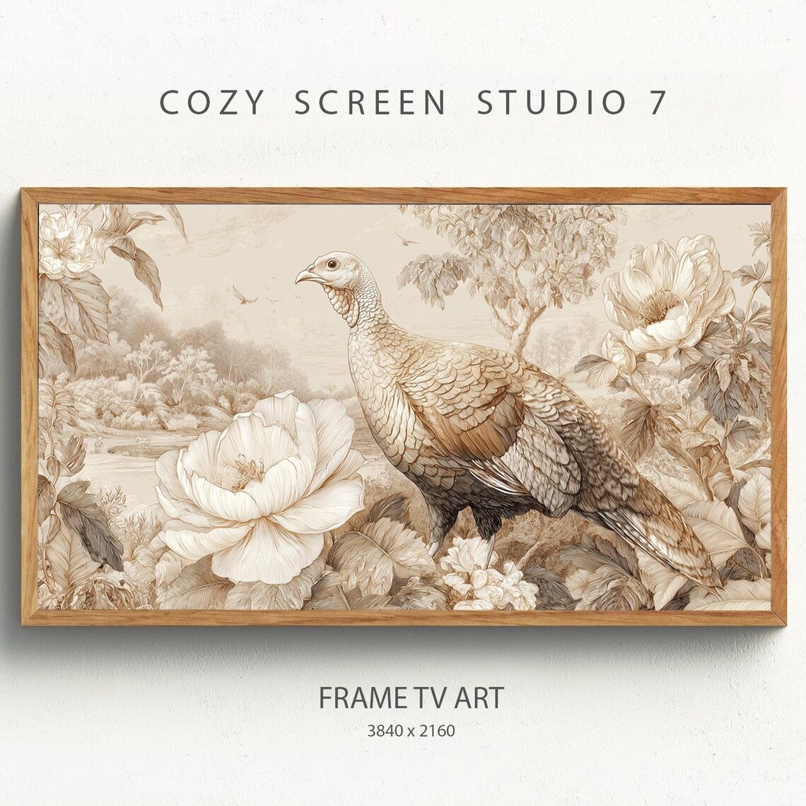 Thanksgiving Turkey Sepia Floral Toile Vintage Holiday Wall Art