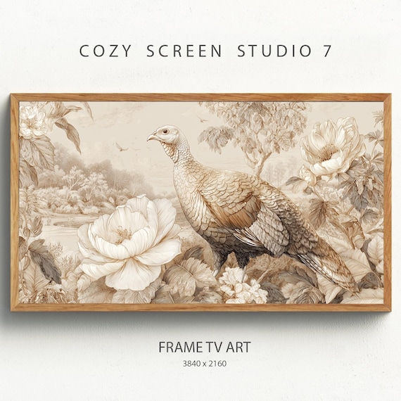 Thanksgiving Turkey Sepia Floral Toile Vintage Holiday Wall Art