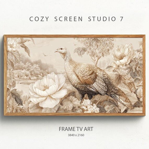 Toile Turkey Frame Tv Art Vintage Floral Thanksgiving Sepia Painting