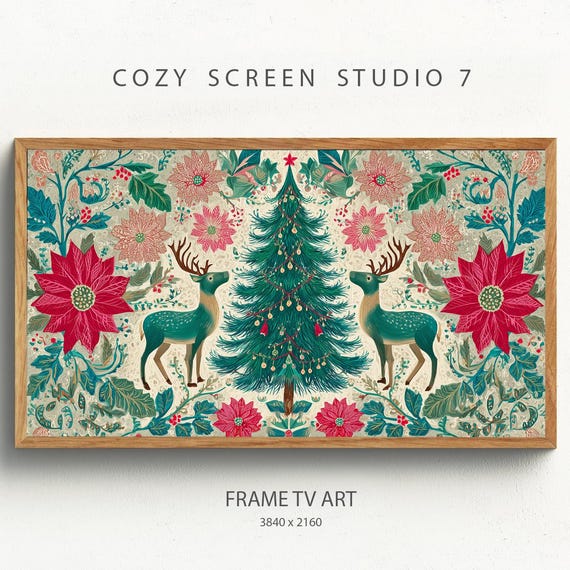 Christmas Tree Frame Tv Art Scandinavian Folk Winter Painting