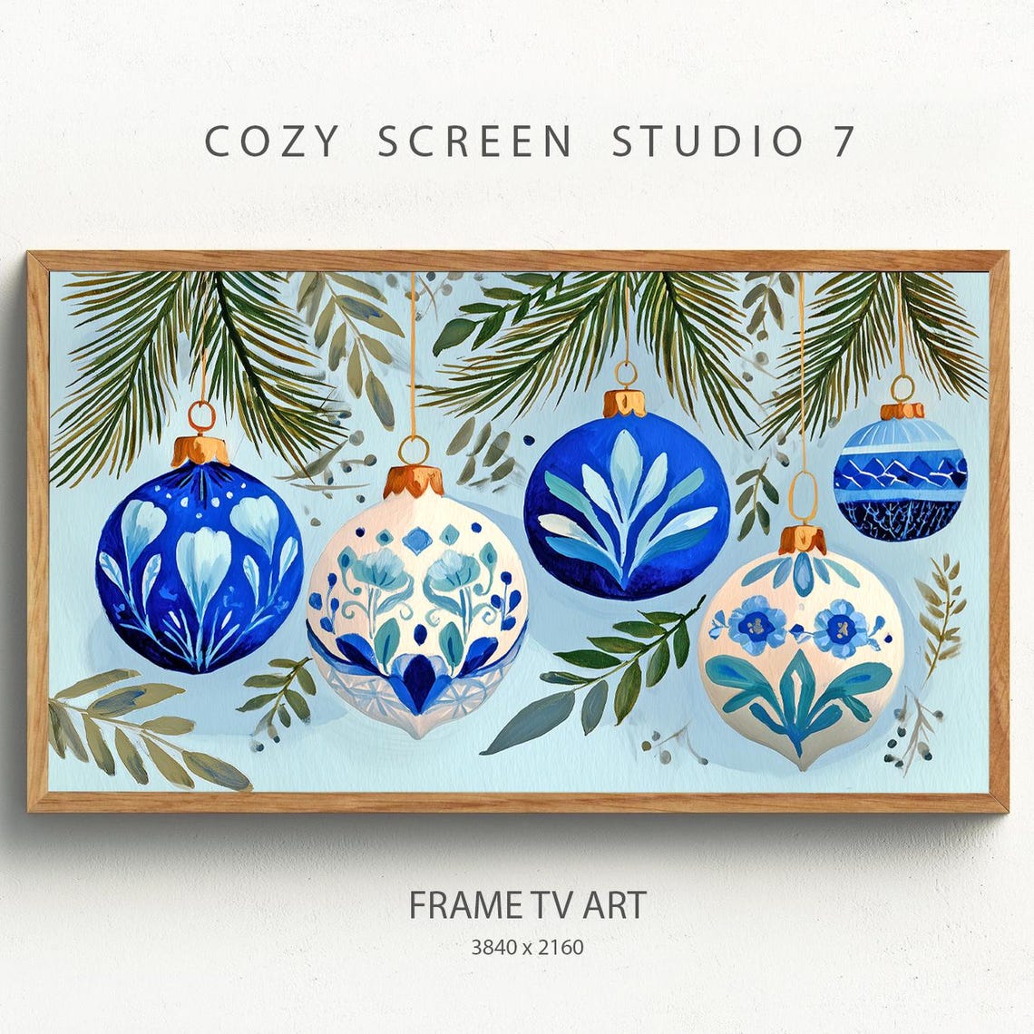 Elegant Blue Chinoiserie Christmas Ornaments Samsung Frame Tv Art Holiday