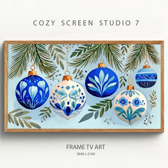Elegant Blue Chinoiserie Christmas Ornaments Samsung Frame Tv Art Holiday