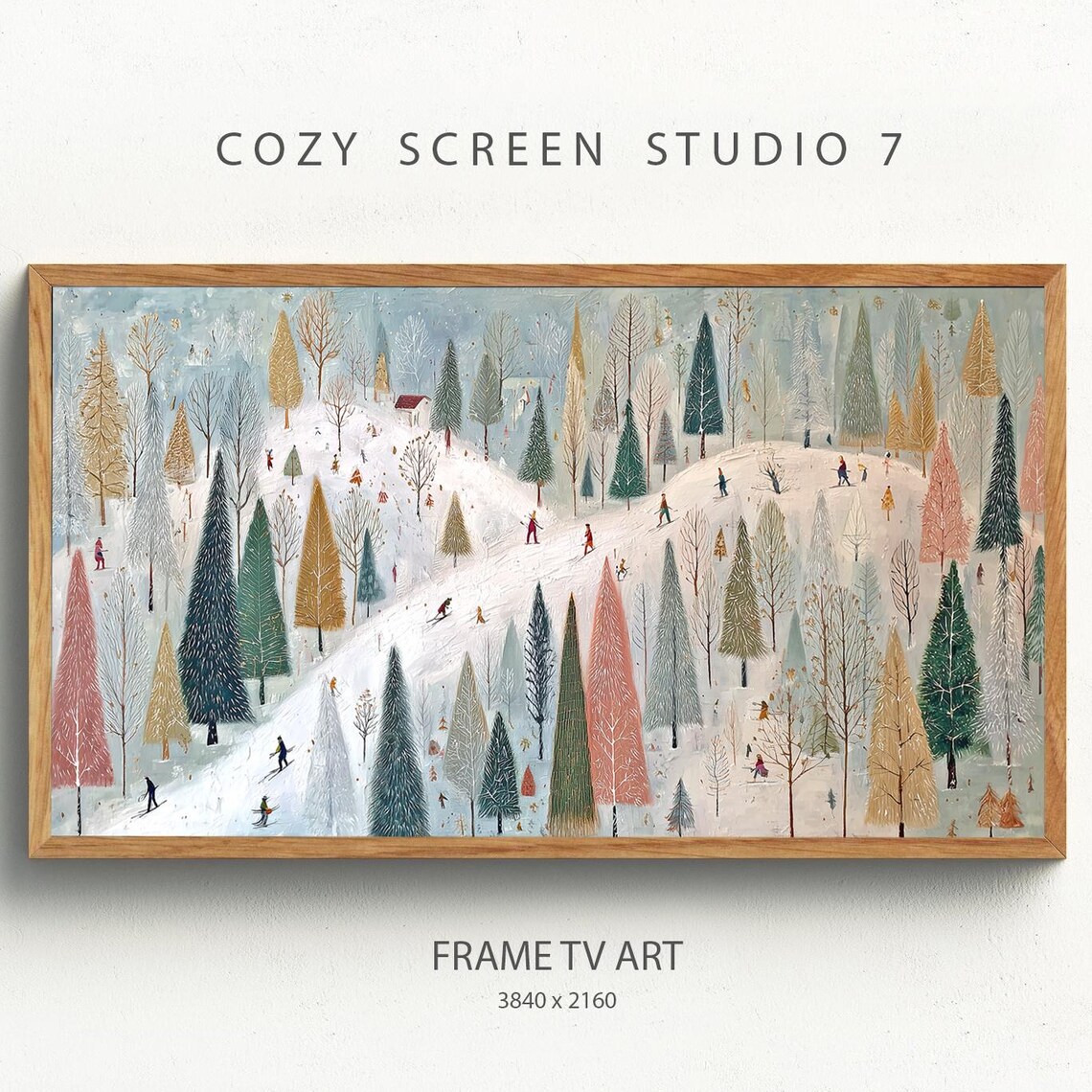 Skiers Winter Landscape Art Print, Cozy Christmas Decor