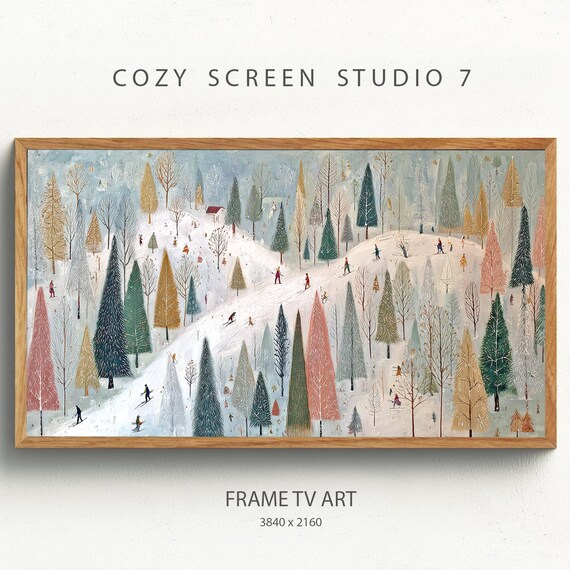 Skiers Winter Landscape Art Print, Cozy Christmas Decor
