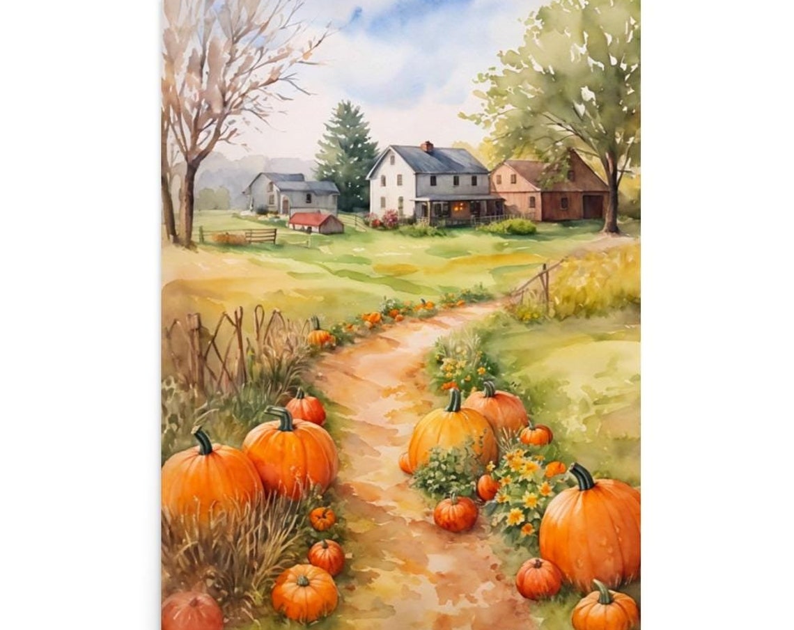 Farm Watercolor Painting Pumpkins Patch Art Print Autumn Farm Landscape Wall Art Barn Painting Country Farmhouse Autumn Landscape Artwork