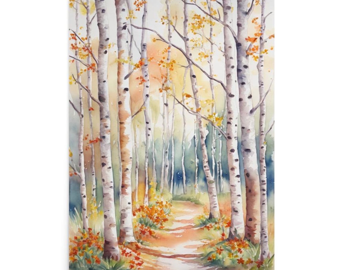 Autumn Birch Forest Path Watercolor Fall Aspen Trail Landscape Poster