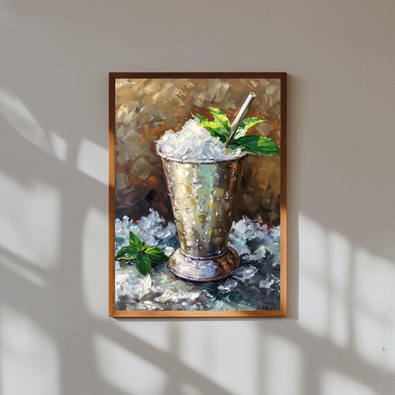 Frosted Mint Julep in Silver Cup Oil Painting Cocktail Poster
