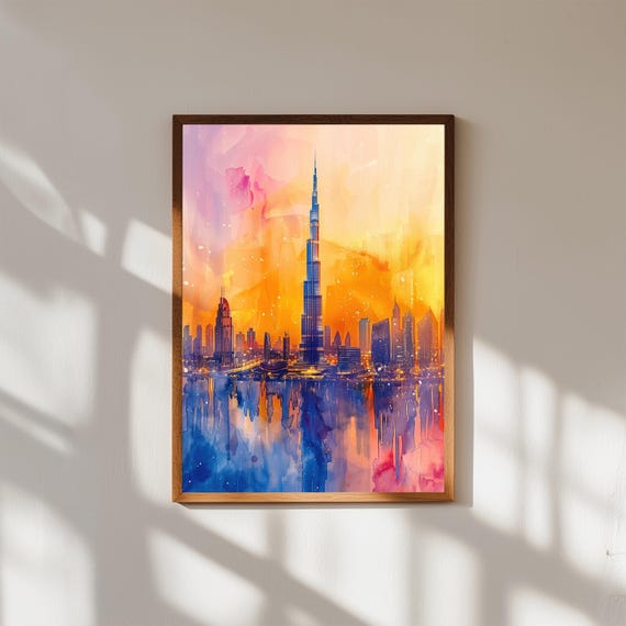Burj Khalifa Watercolor Print Dubai Cityscape Sunset Art