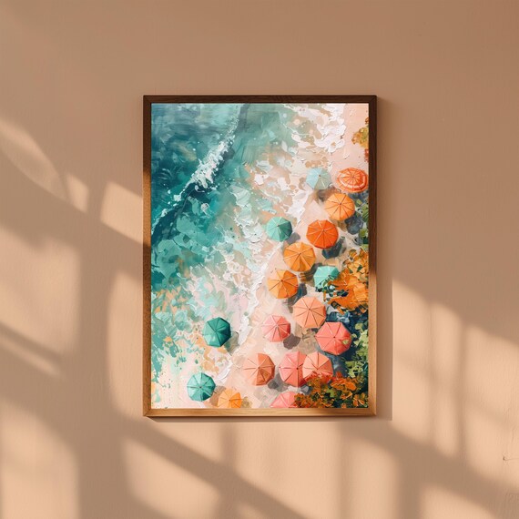 Aerial Beach Umbrellas Turquoise Ocean Waves Coastal Painting Print