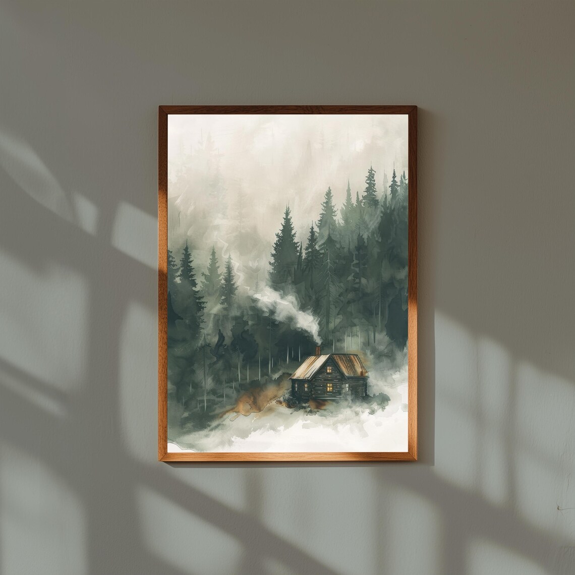 Misty Fog Forest Cabin With Chimney Smoke Watercolor Art Print