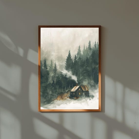 Cozy Cabin In Woods Print Rustic Winter Forest Wall Art
