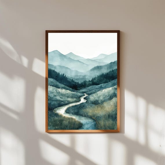 Highlands River Landscape Wall Art Calm Nature Painting Of Winding Through Hills Serene Mountain Scenery Canvas Rustic Decor