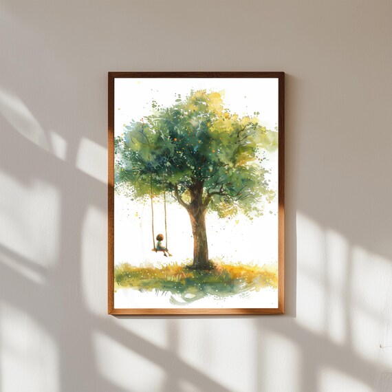 Watercolor Child on Tree Swing Nostalgic Summer Meadow Poster