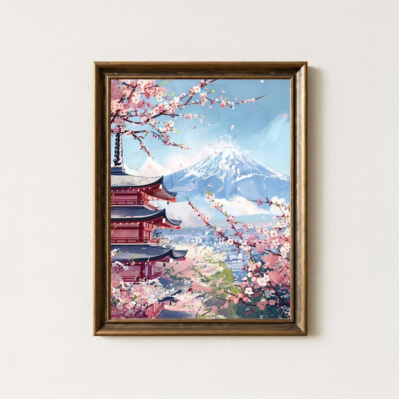 Mount Fuji Cherry Blossom Spring Watercolor Landscape Poster