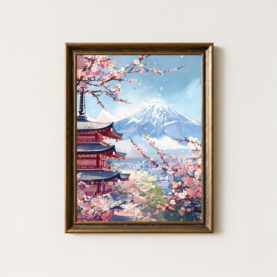 Mount Fuji Watercolor Print Cherry Blossom Spring Landscape