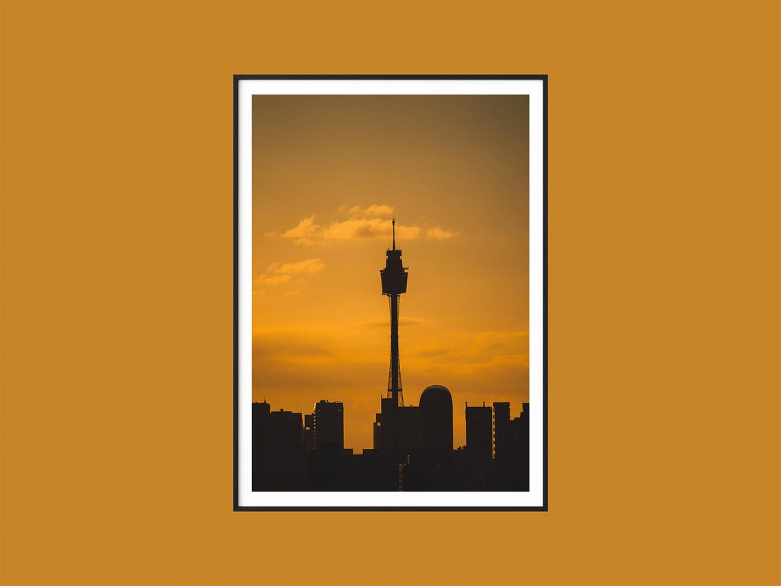 Sydney Tower Silhouette At Sunset Orange Sky Cityscape Travel Poster