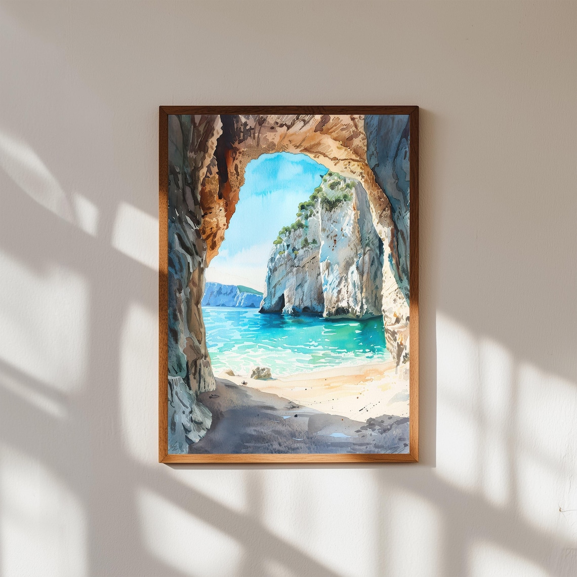 Greek Sea Cave Turquoise Water Coastal Cliff Watercolor Poster