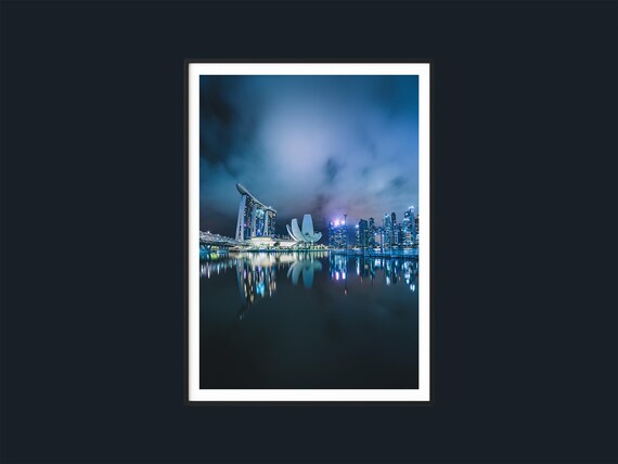 Marina Bay Sands Night Skyline Blue City Lights Reflection Poster