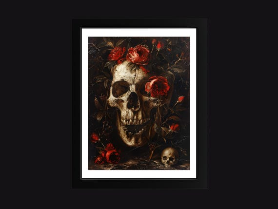 Gothic Skull Oil Painting Poster Dark Floral Wall Art Print Human With Black Roses Decor Macabre For Home