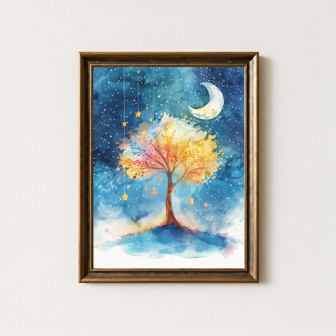 Magical Starry Night Tree Watercolor Nursery Celestial Art Print