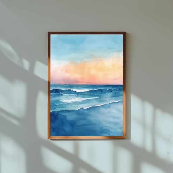 Pastel Beach Sunset Watercolor Ocean Horizon Calm Coastal Poster