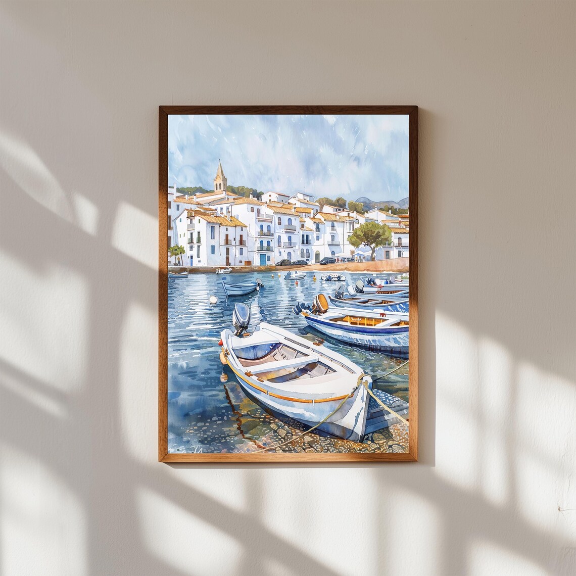 Cadaques Spain Coastal Village Harbor Boats Watercolor Poster