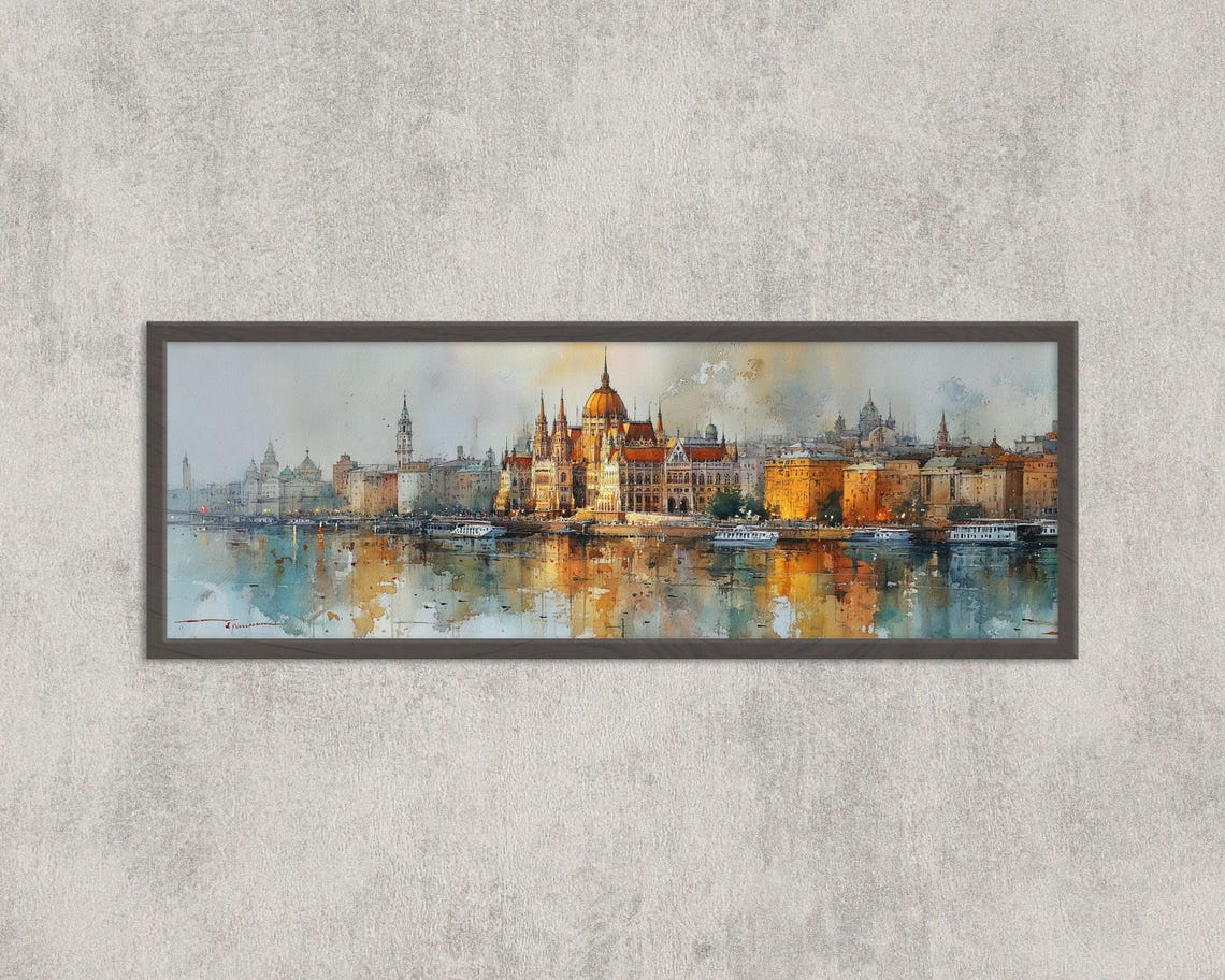 Budapest Parliament Watercolor Print Panoramic Danube Cityscape Wall Art Hungary Travel Decor