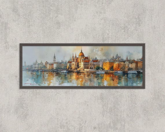 Budapest Parliament Watercolor Print Panoramic Danube Cityscape Wall Art Hungary Travel Decor