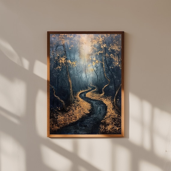 Moody Golden Forest Trail Winding Path Autumn Light Dark Woodland Art Poster