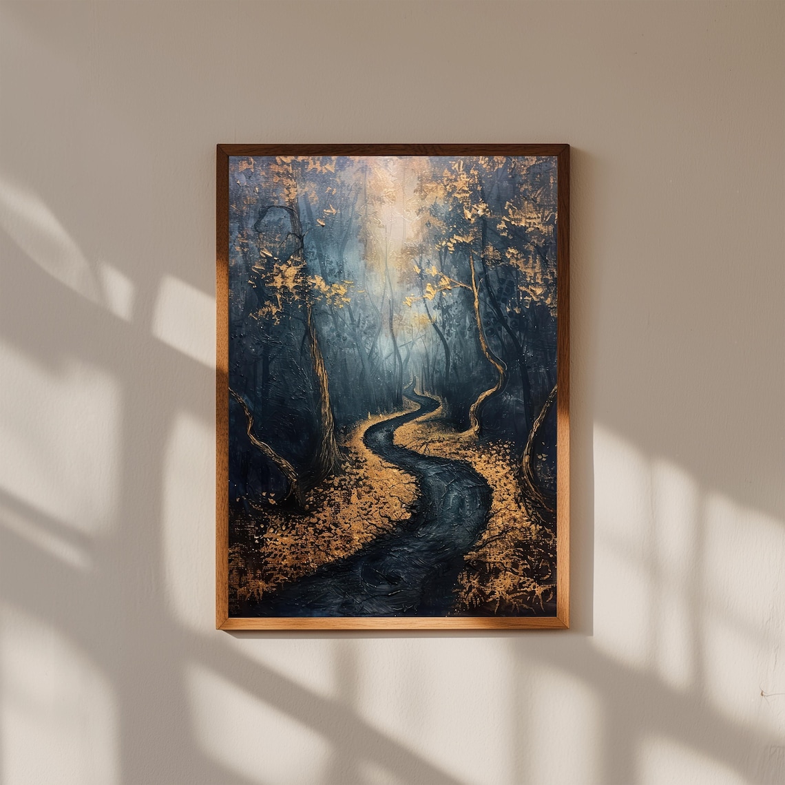 Moody Golden Forest Trail Winding Path Autumn Light Dark Woodland Art Poster