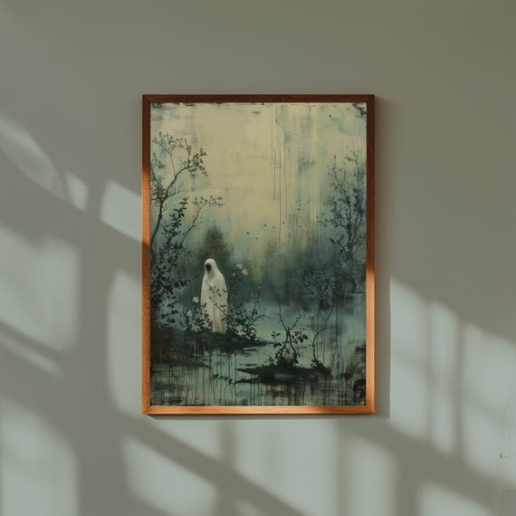 White Ghost Drifting In Misty Overgrown Garden At Dusk Gothic Poster