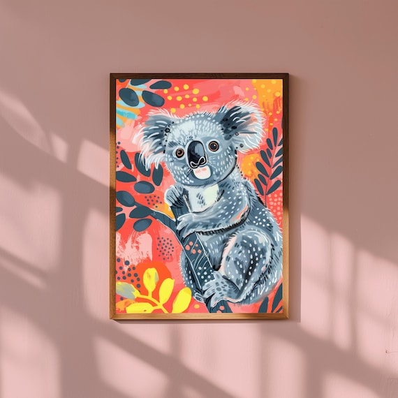 Sweet Baby Koala Nursery Art Coral Floral Aussie Animal Poster