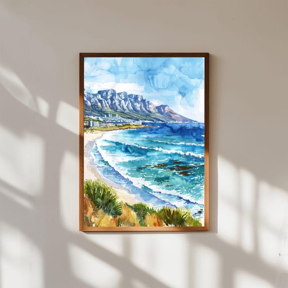 Cape Town Watercolor Print Table Mountain Coastal Art