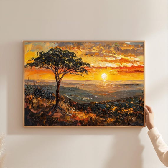 African Savanna Sunset Canvas Art Acacia Tree Oil Painting Style