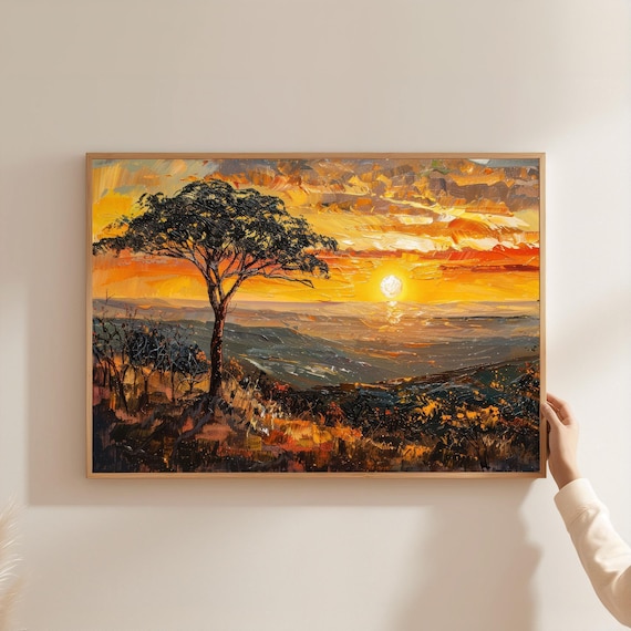 African Savanna Sunset Silhouette Acacia Tree Impasto Oil Poster