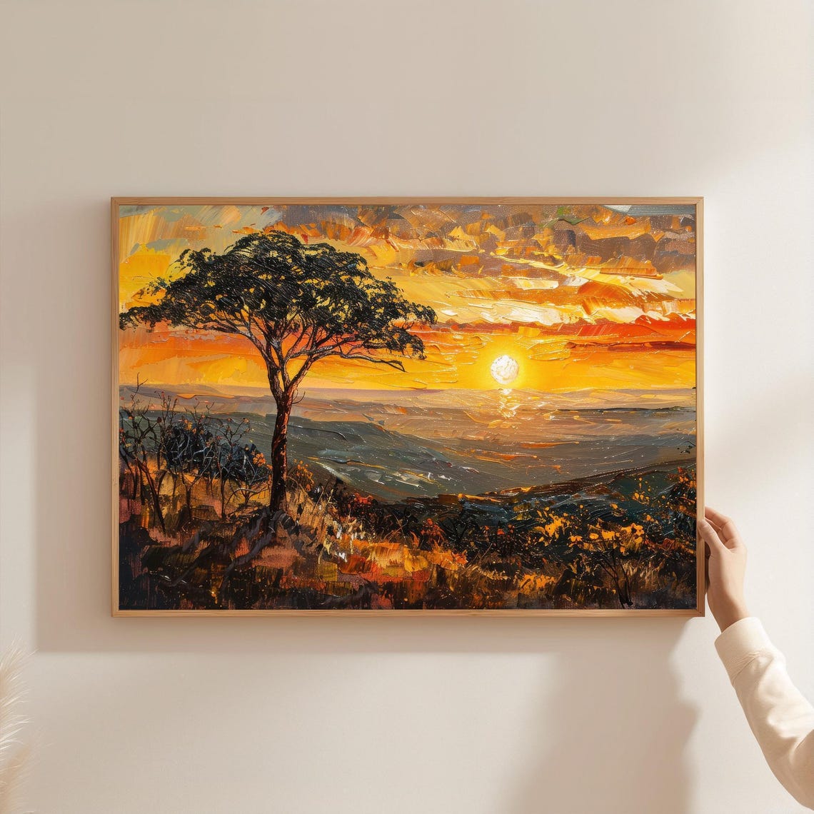 African Savanna Sunset Silhouette Acacia Tree Impasto Oil Poster