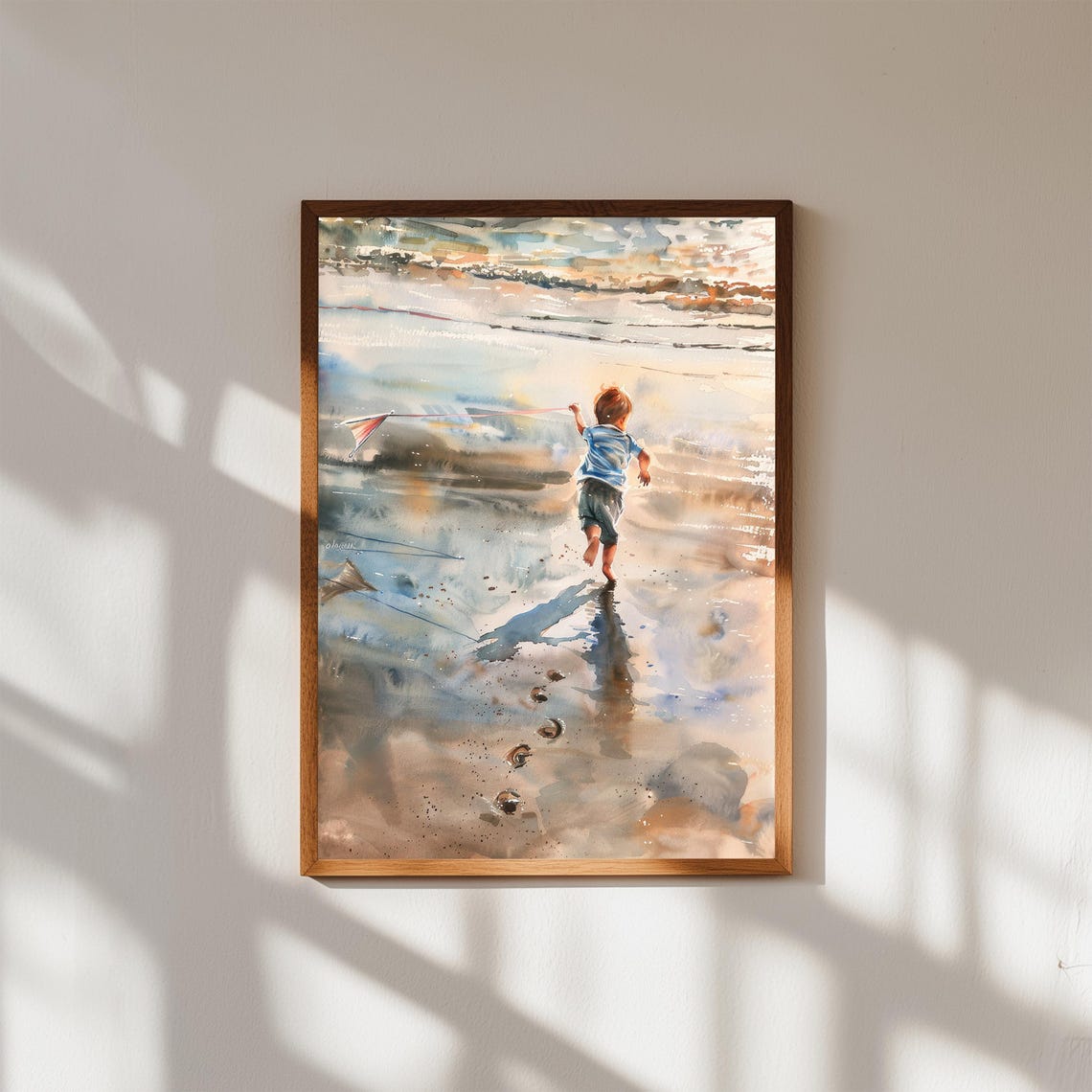 Boy Flying Kite On The Beach Watercolor Nostalgic Childhood Art Poster