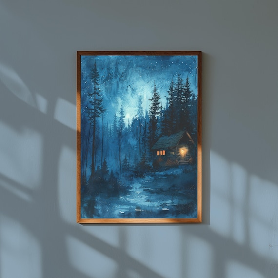 Cabin Under Starry Night Print Enchanted Forest Nightscape